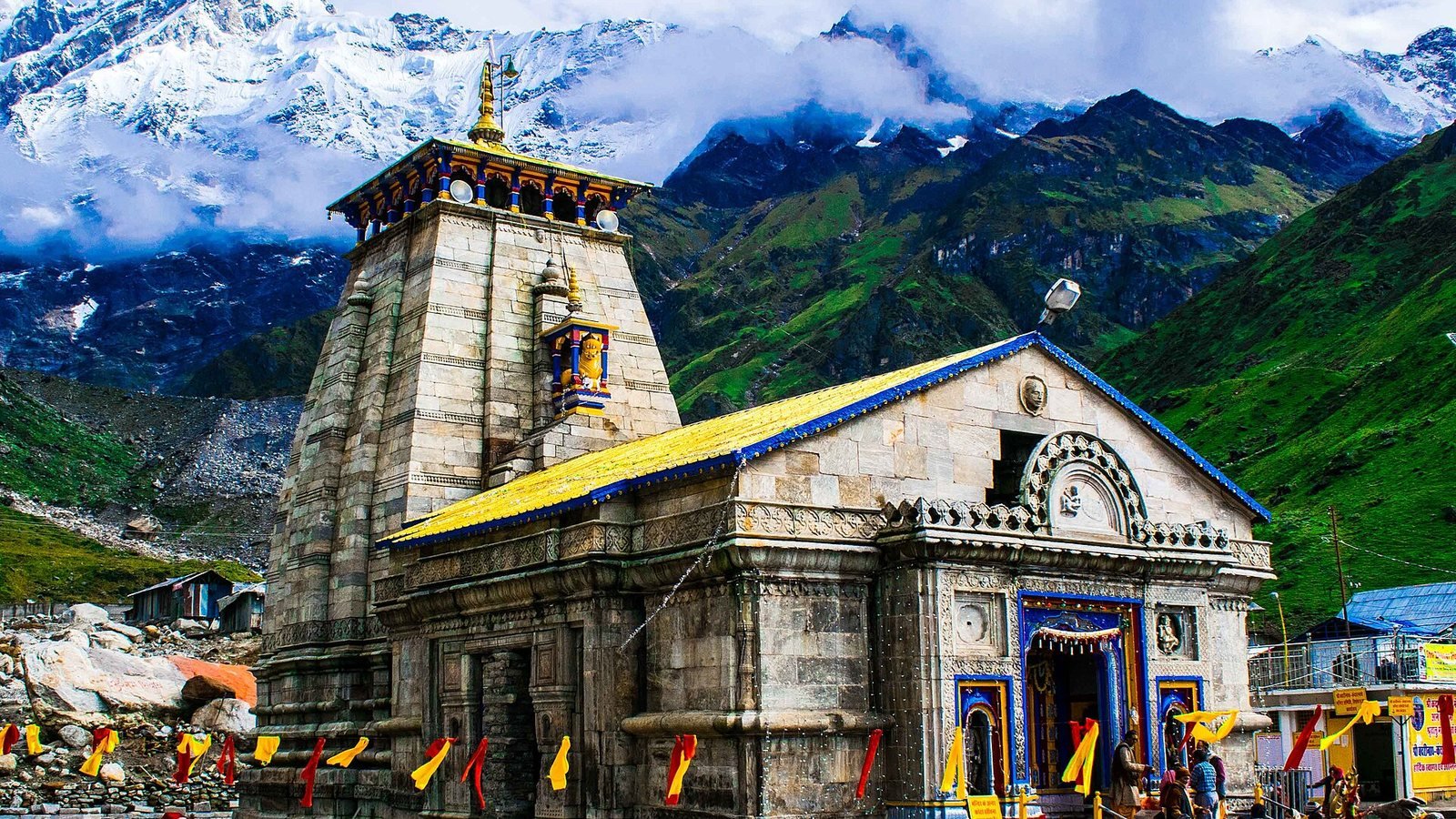Ancient Kedarnath Temple against snow-covered Himalayan peaks, Uttarakhand
